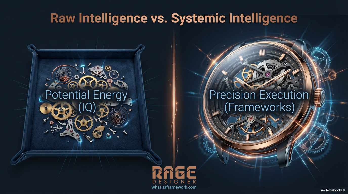 Raw Intelligence vs Systemic Intelligence — loose parts in a tray versus a precision-assembled mechanism